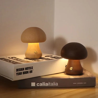 Lampe De Table Rechargeable En Bois Avec Champignons-Lampe Veilleuse
